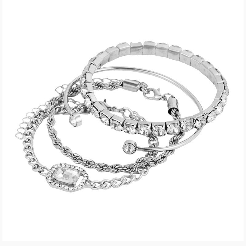 Bohemian Bracelets Set 4Pcs Rhinestones Twisted Cuff Chain Armbands Adjustable Luxury Jewellery Gift for Women