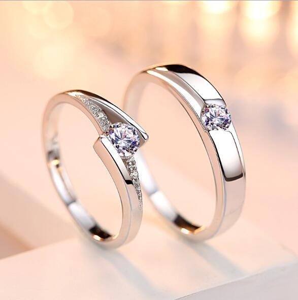 Adjustable Sterling Silver Couple Rings Matching Pair For Marriage Engagement Promise Simulated Diamonds Rings