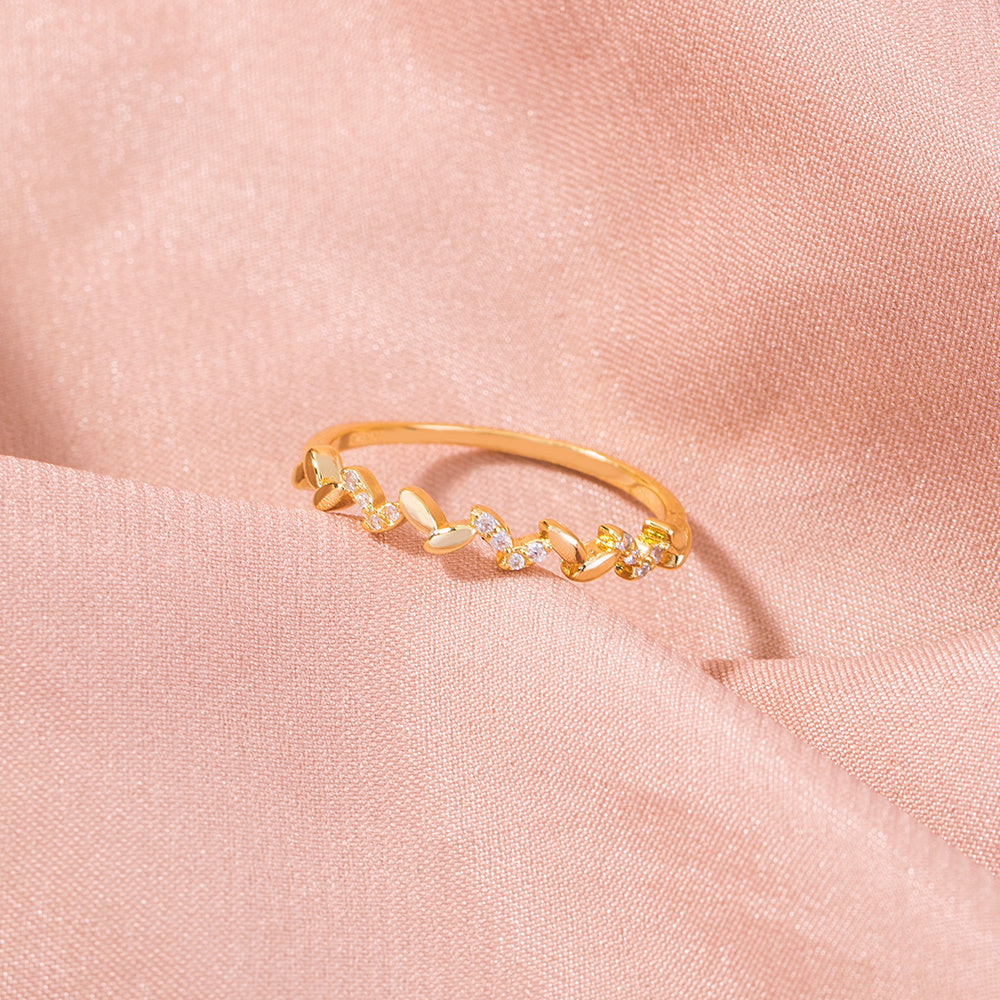 Adjustable Copper Ring With Branch And Leaf Design And Sparkling Zircon Stones Retro European American Inspired Jewelry