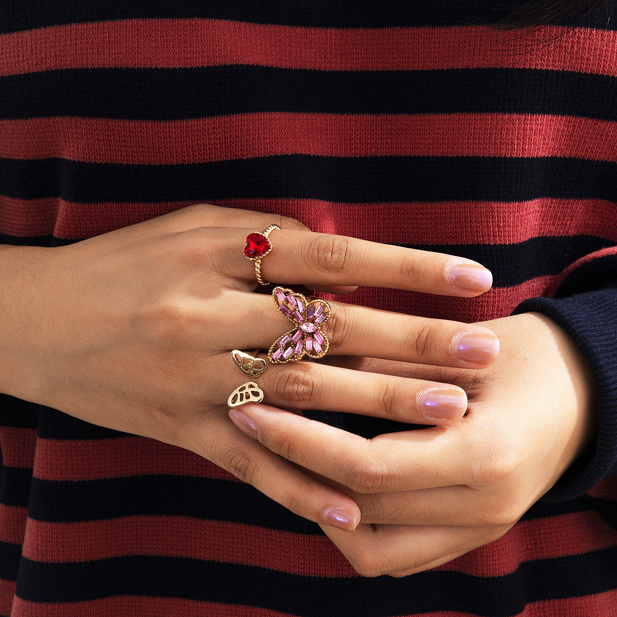 Butterfly Ring With Heart Peach Design Retro Alloy Rhinestone Jewelry For Women Vintage Style Gift For Her Now