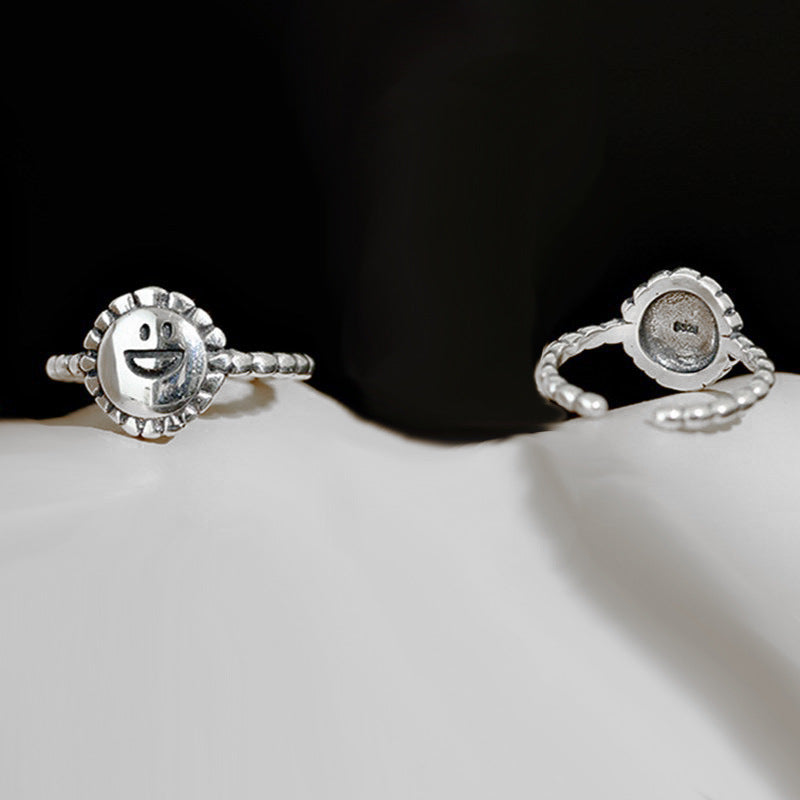 Womens Vintage Copper Ring Adjustable Open Index Finger Ring Smile Sunflower Geometric Intricate Electroplated