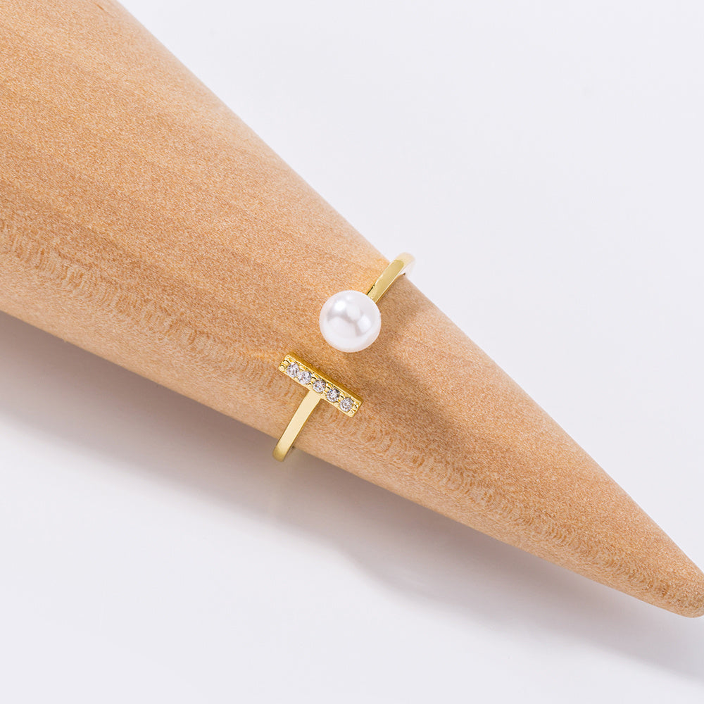 Adjustable Copper Ring Zircon T Shaped Gold Pearl Accent