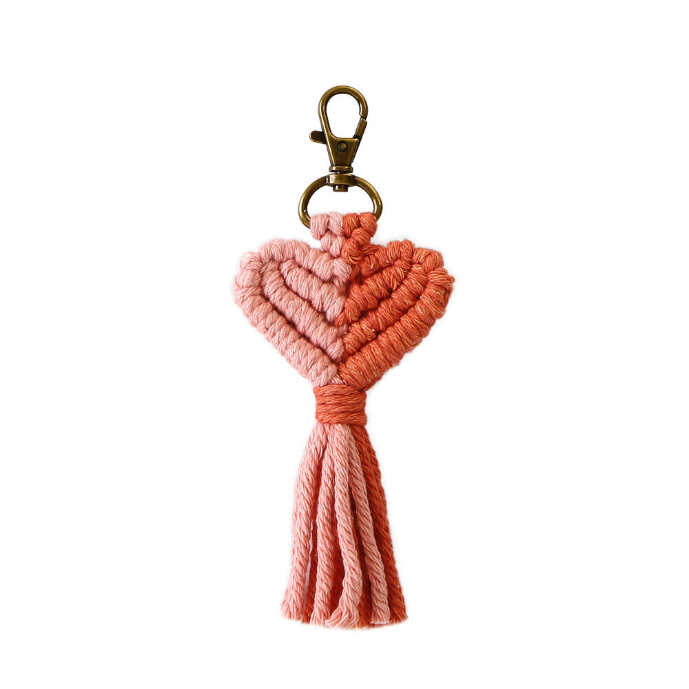Woven Peach Heart Tassel Keychain With Cotton Rope And Simple Zinc Alloy Keyring Bag Charm Delicate For Everyday Use