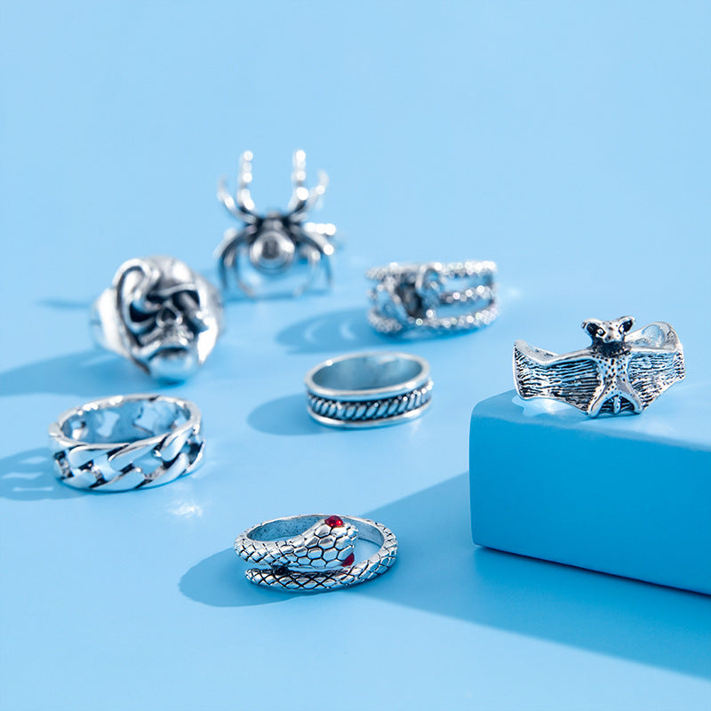 Vintage Style Alloy Ring Set Minimalist Geometric Rings With Spider Snake Bat Skull Decor For Women Style Gift