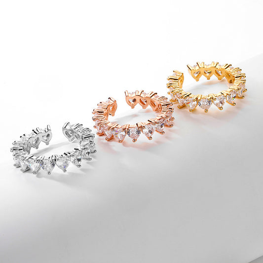 Zircon Open End Ring For Women Adjustable Heart Shape Copper Plated Dainty Jewelry Gift Accessory Delicate Design