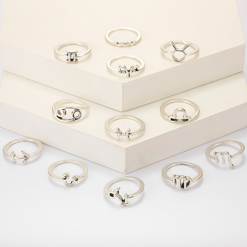 Zodiac Rings For Women Constellation Jewelry Electroplated Alloy European And American Style 12 Piece Set Collection