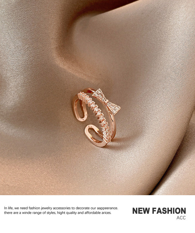 Womens Gold Plated Adjustable Ring With Bow Pearls And Rhinestones Korean Geometric Design Ring Jewelry Trend