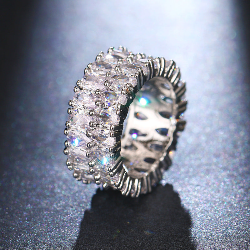 Womens Silver Plated Ring With Full Zircon Double Rows Dazzling Design Fashion Jewelry Elegant Platinum Finish