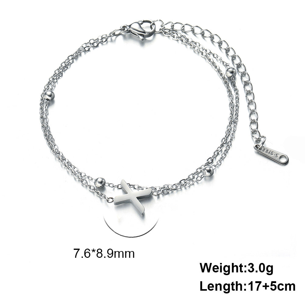 Womens Stainless Steel Double Layer Chain Bracelet With Initial Pendant Electroplated Finish Jewelry Gift Gold