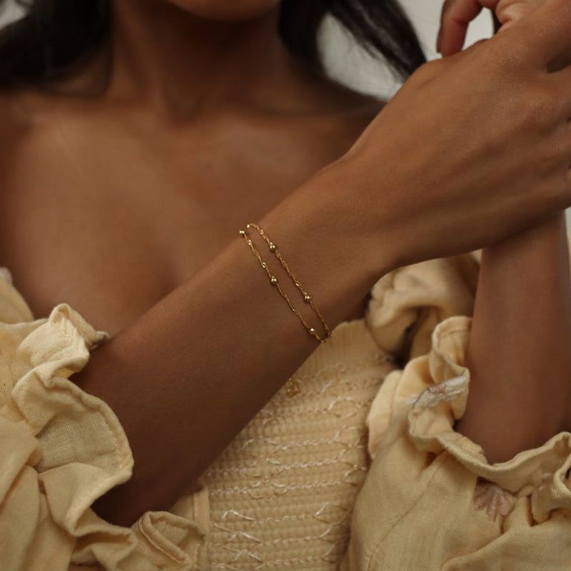 Womens Ripple Bead Chain Bracelet Gold Alloy Double Layer