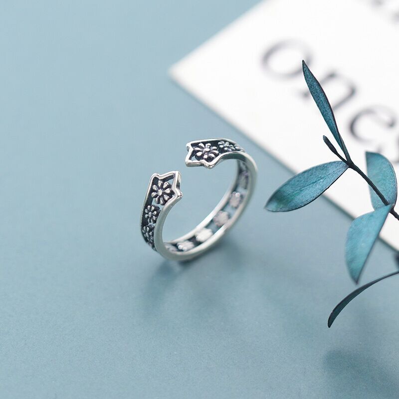 Womens Copper Ring With Flower Design Adjustable Open Ring Vintage Silver Finish Korean Design Ring For Women