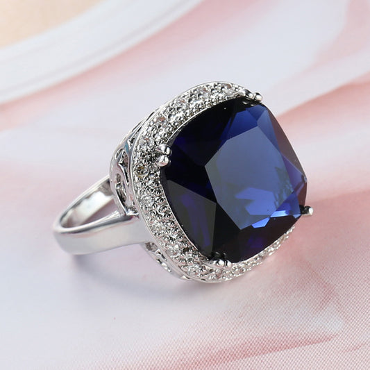 Zircon Ring Women Sapphire Blue Copper Geometric Electroplated Fashion Statement Jewelry Gift For Her Gift Gift