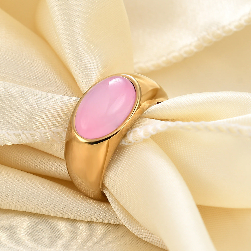 Womens Stainless Steel Mosaic Oval Natural Stone Ring Golden Green Pink Blue Accents Jewelry Elegant Statement