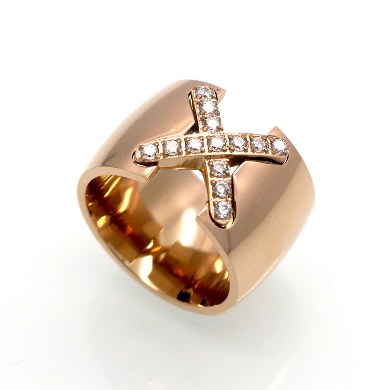 Womens Titanium Steel Ring X Shaped Cross With Diamond And Zircon Europe America CNC Ring Loose Gem Stone Ring
