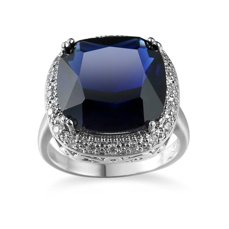 Zircon Ring Women Sapphire Blue Copper Geometric Electroplated Fashion Statement Jewelry Gift For Her Gift Gift