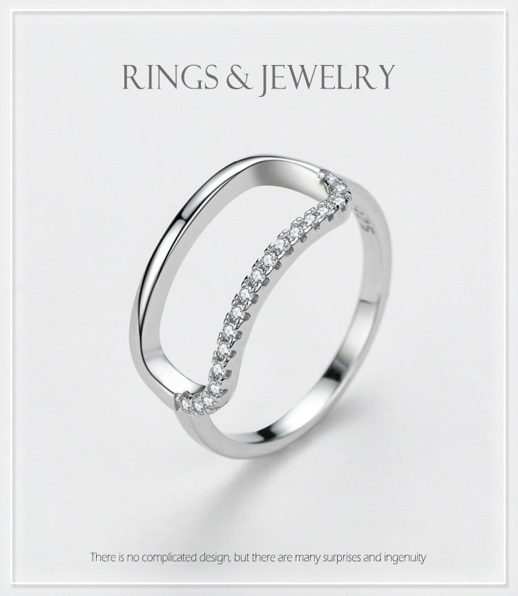 Womens Sterling Silver Ring Geometric Ellipse Zircon Inlaid Rectangular Ring Affordable Luxury For Her Stylish