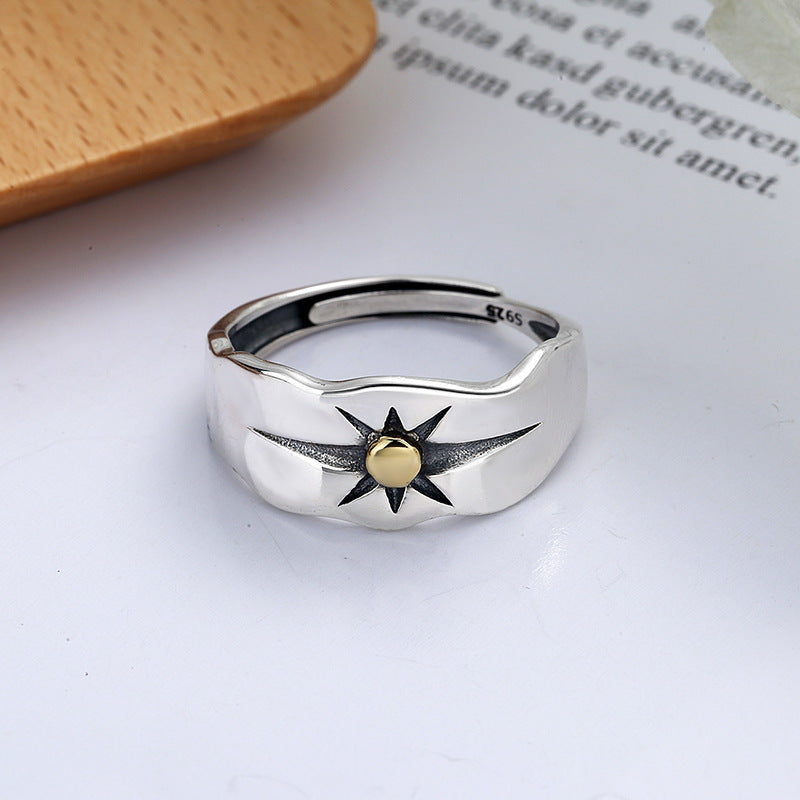 Womens Sterling Silver Sun Ray Ring Adjustable Open Inlaid Gemstone Geometric Design Ring Band For Her Elegant