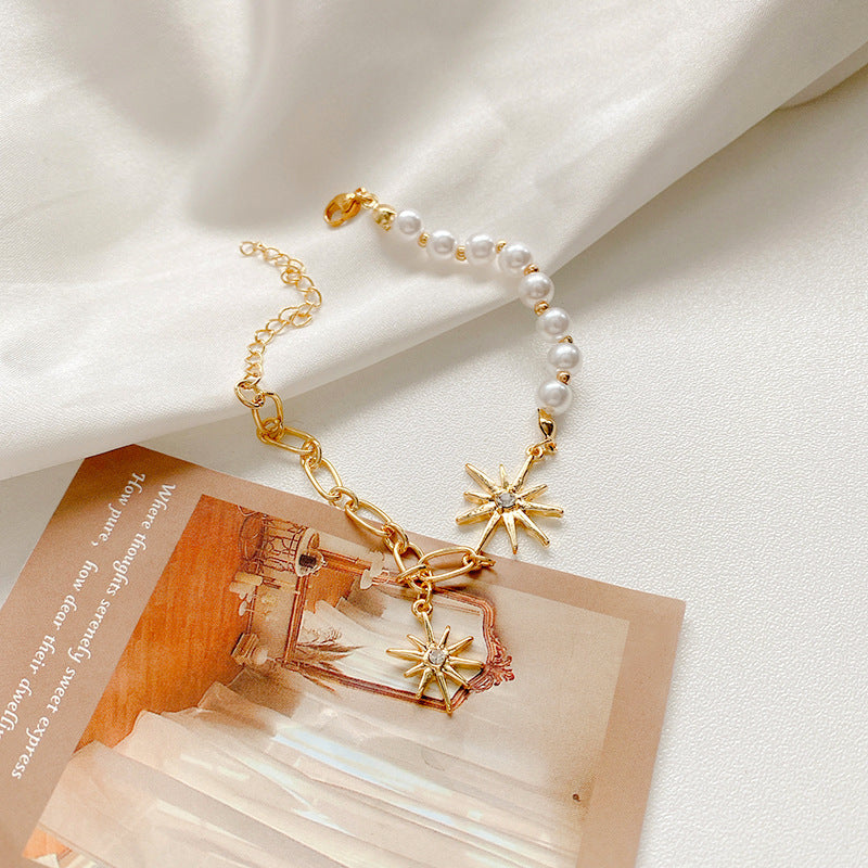 Womens Pearl Bracelet Eight Pointed Star Design And White Gold Inlaid Gems Bracelet Special Occasions Star Pearl