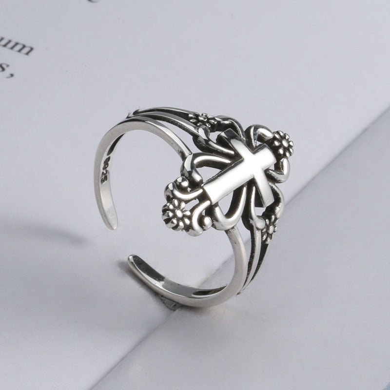 Womens Adjustable Silver Cross Ring Nordic Design Retro Fashion Band Rings For Women Jewelry Everyday Wardrobe