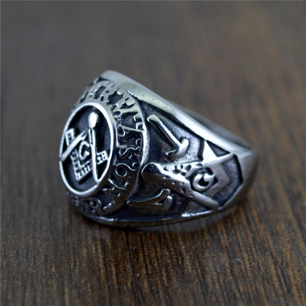 Mens Titanium Steel Masonic Totem Ring Hip Hop Style Jewelry Geometric Letter Pattern Gift Trendy Gift For Him
