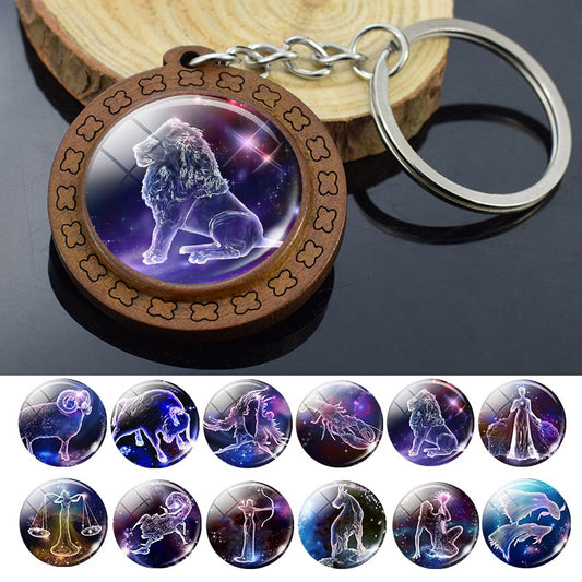 Wooden Carved Constellation Zodiac Keychain with Time Gem Pendant and Glass Accents for Purse Blue Finish Gift