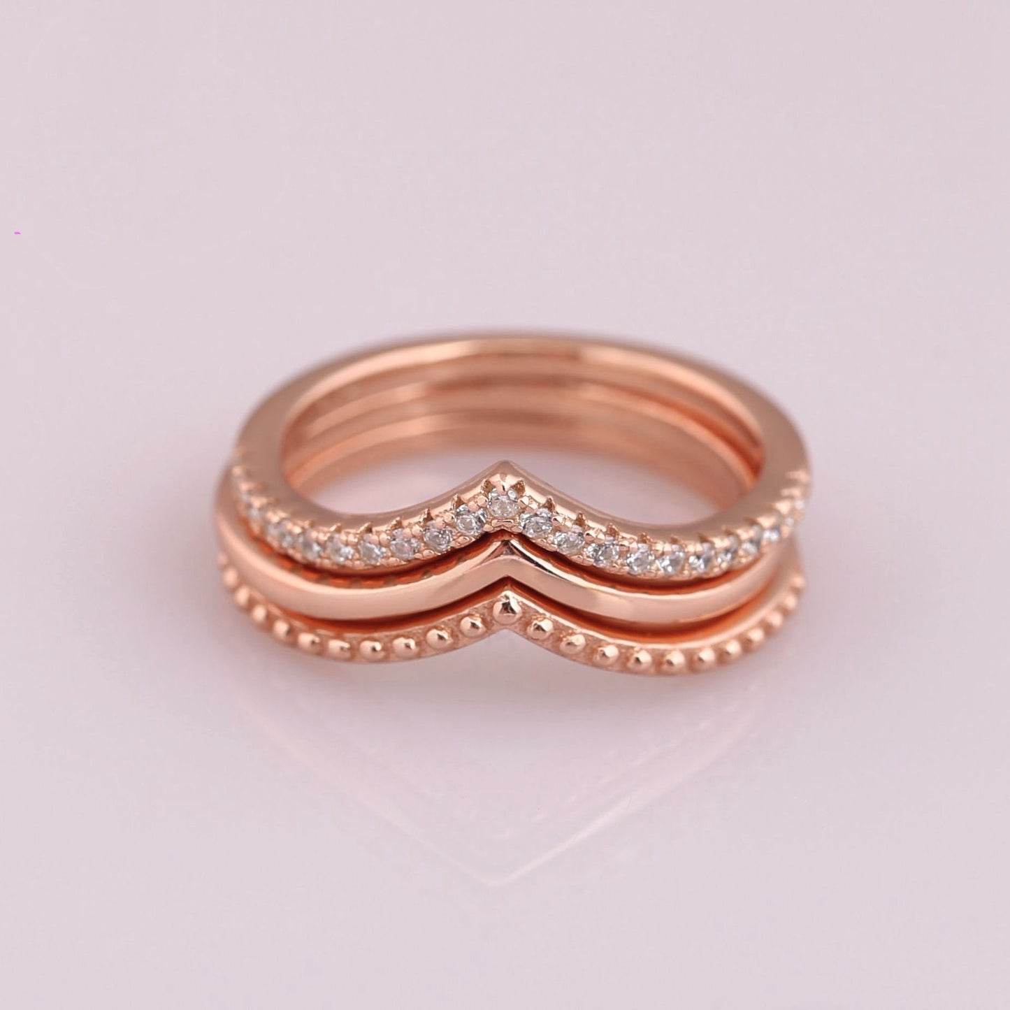 Sterling Silver Bracelet With Rose Gold V Shaped Ring Micro Inlay Geometric Ellipse Design Diamond Dot Gift Set Jewelry