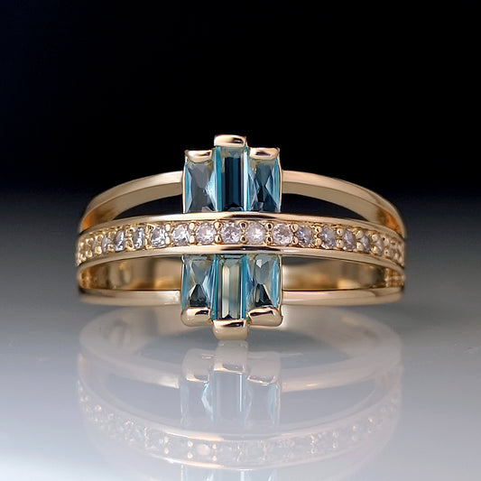 Zircon Sea Blue Topaz Ring Copper Gold Tone Geometric Inlaid Jewelry For Her Elegant Durable Accessory Jewelry