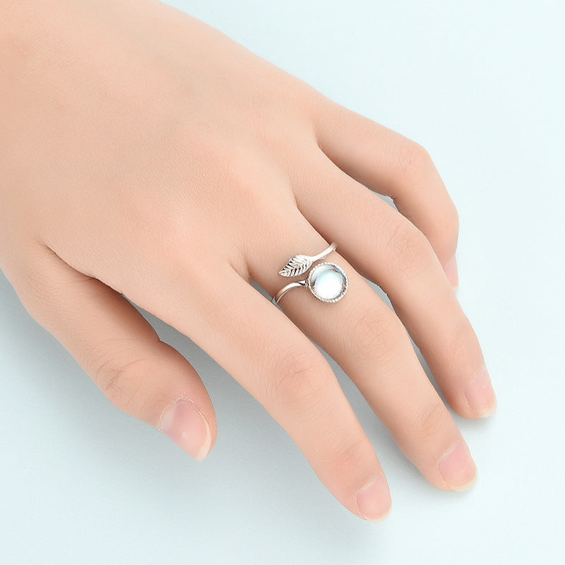 Adjustable Moonstone Ring With Feathered Design Korean Geometric Alloy Electroplated Ring Fashionable Statement