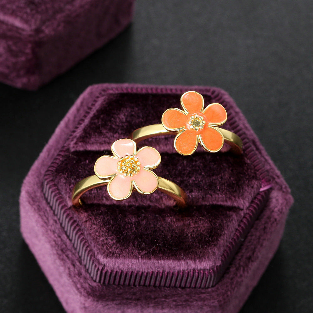 Copper Flower Ring with Dripping Oil Finish Adjustable Band for Daily Wear Fashion Jewelry Gift for Women Everyday