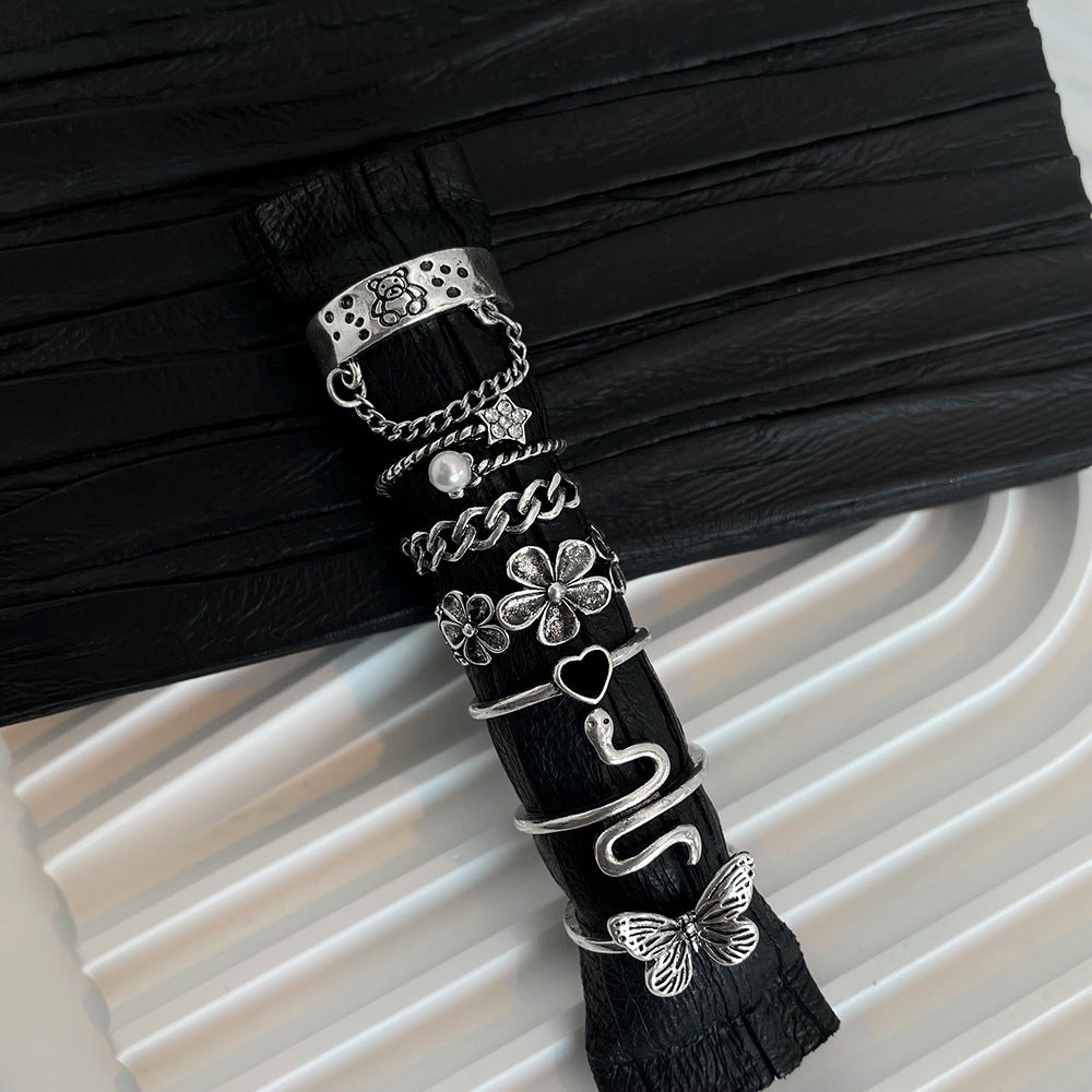 Womens Retro Ring Set 7 Piece Animal Zodiac Jewelry With Butterfly Snake Flower Elements Zinc Alloy JewelrySet