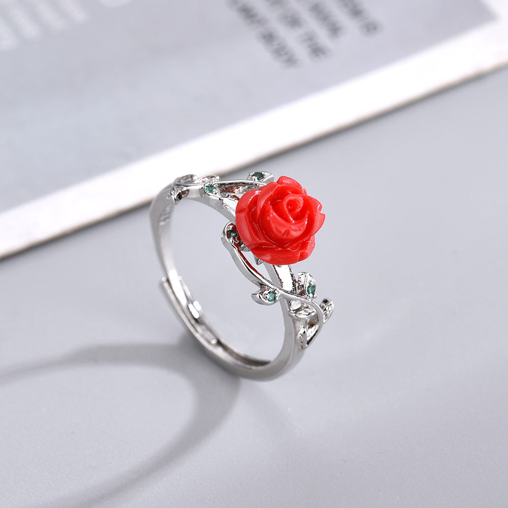 Womens Rose Flower Ring Adjustable Open Copper Ring ElegantRetro Ethnic InspiredRing Electroplated Temperament