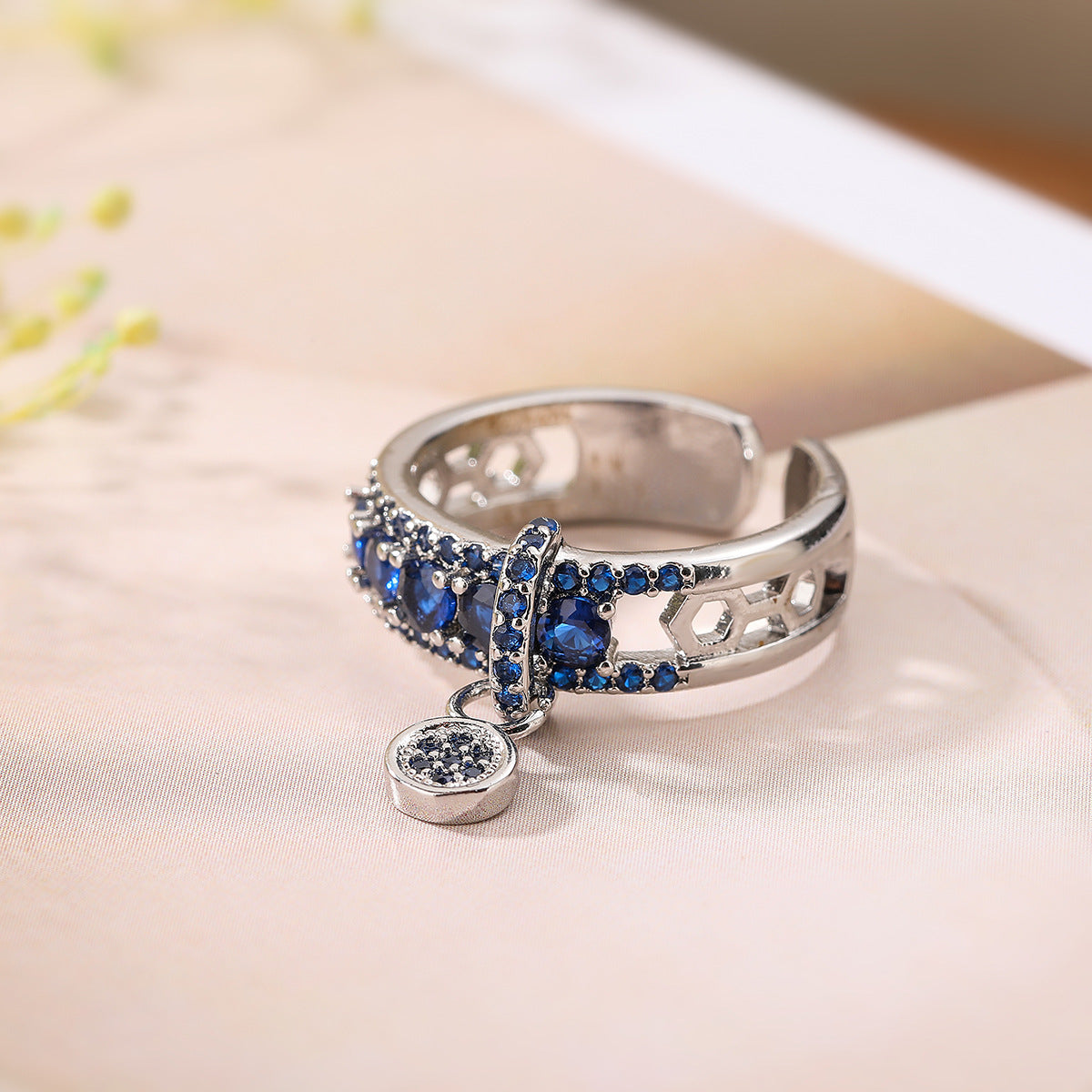 Womens Adjustable Open Geometric Zircon Ring Copper Plated Gold Tone Fashion Jewelry Elegant Shine For Any Day