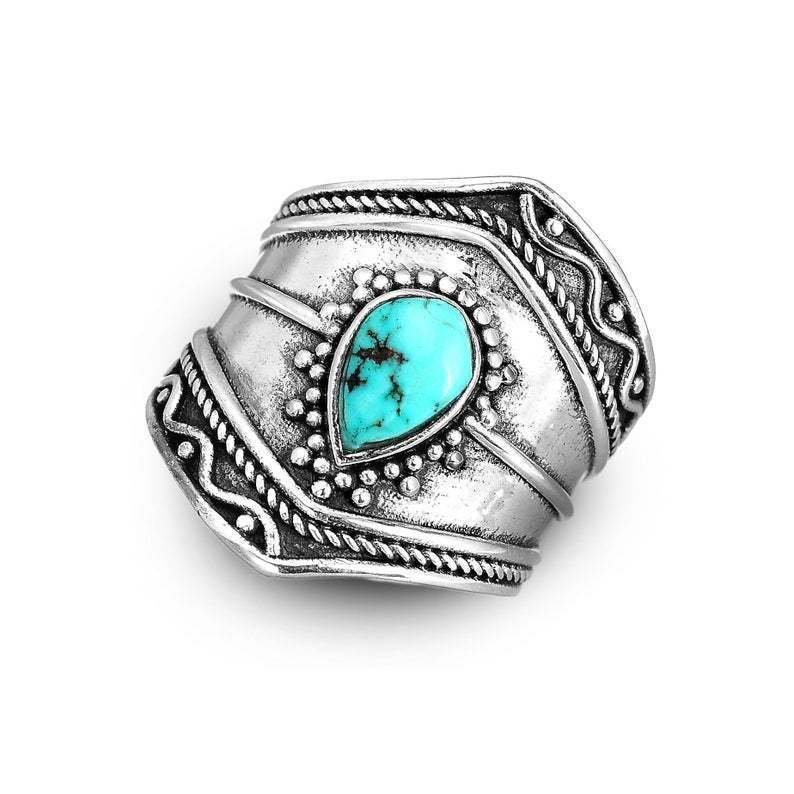 Womens Silver Ring Turquoise Stone Boho Geometric Design Irregular Alloy Jewelry European American Fashion New