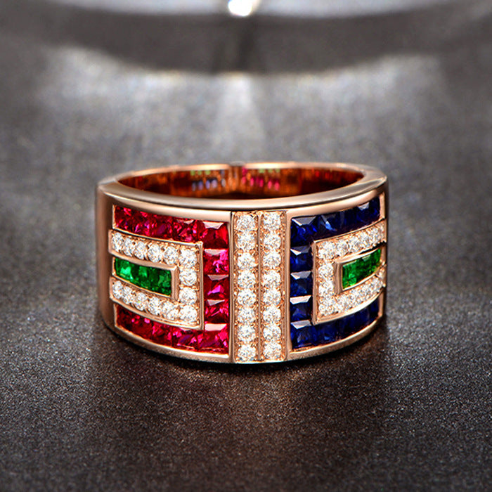 Women Color Zircon Ring Geometric Copper Gold Plated Inlaid Gemstones Semi Precious Stones Cocktail Party Ring