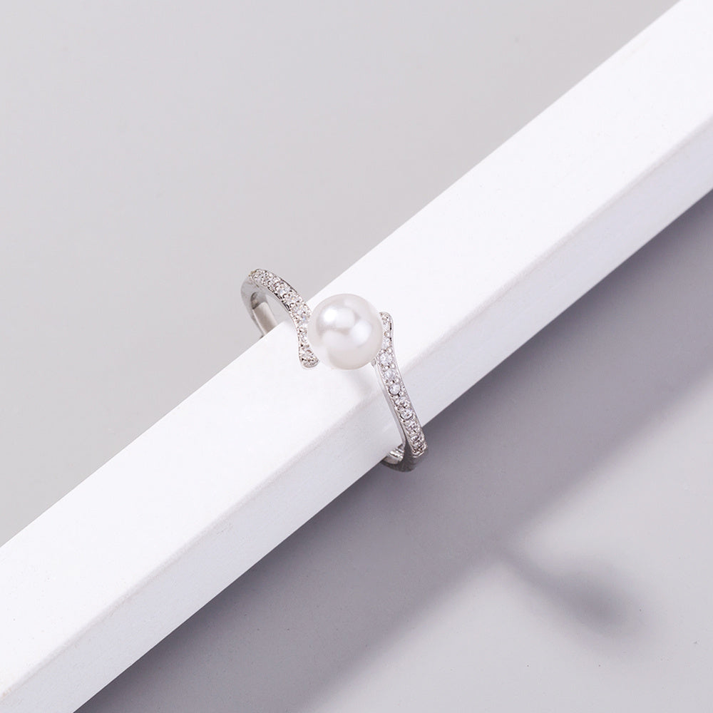 Adjustable Open Ring With Pearl And Zircon Copper Electroplated Jewelry For Women Elegant European Modern Style