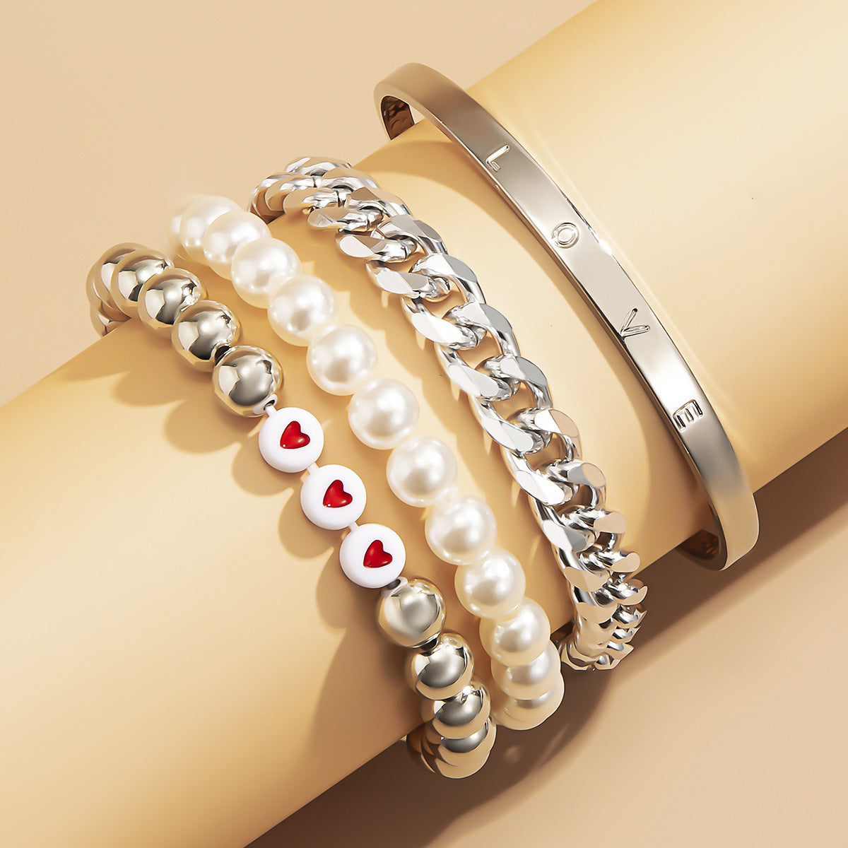 Womens Bracelet Set With Round Bead Chain And Artificial Pearl Geometric Design In Metal Alloy Jewelry Everyday Wear