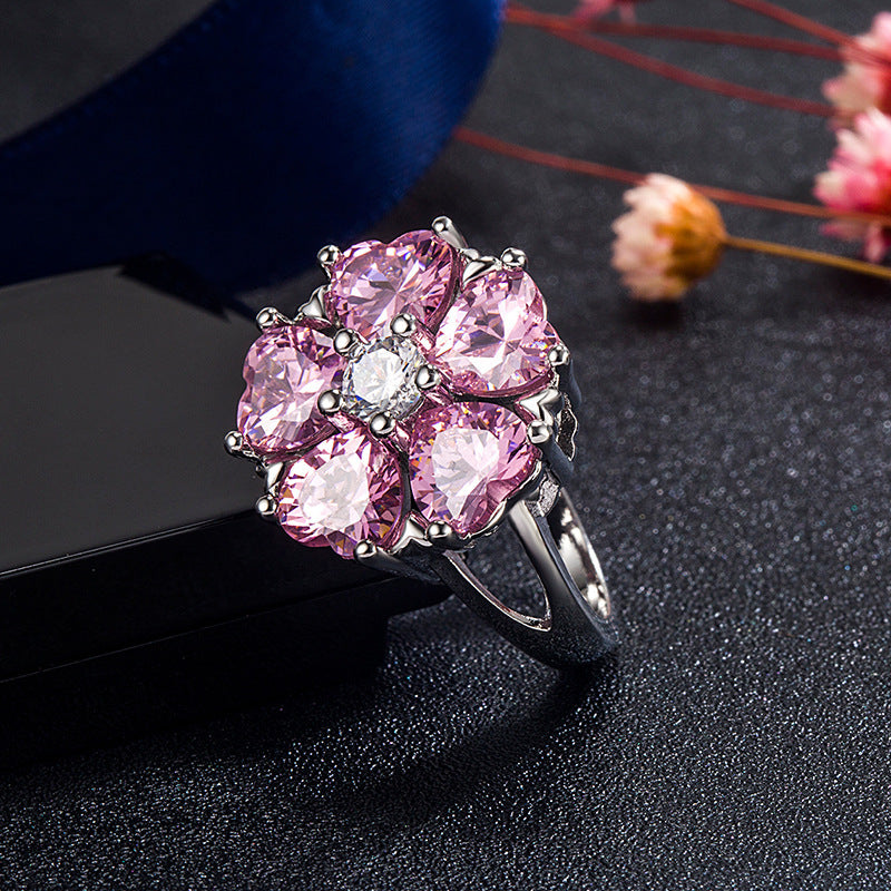 Copper Heart Shaped Ring With Pink Zircon Diamond Setting In White Gold Finish For Her Sizes 6 7 8 9 10 Elegant Design