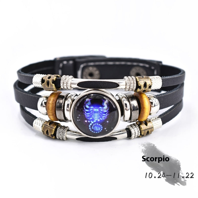 Woven Leather Bracelet With Three Layer Beads And Metal Accents Retro Ethnic Patterned Distressed Constellation