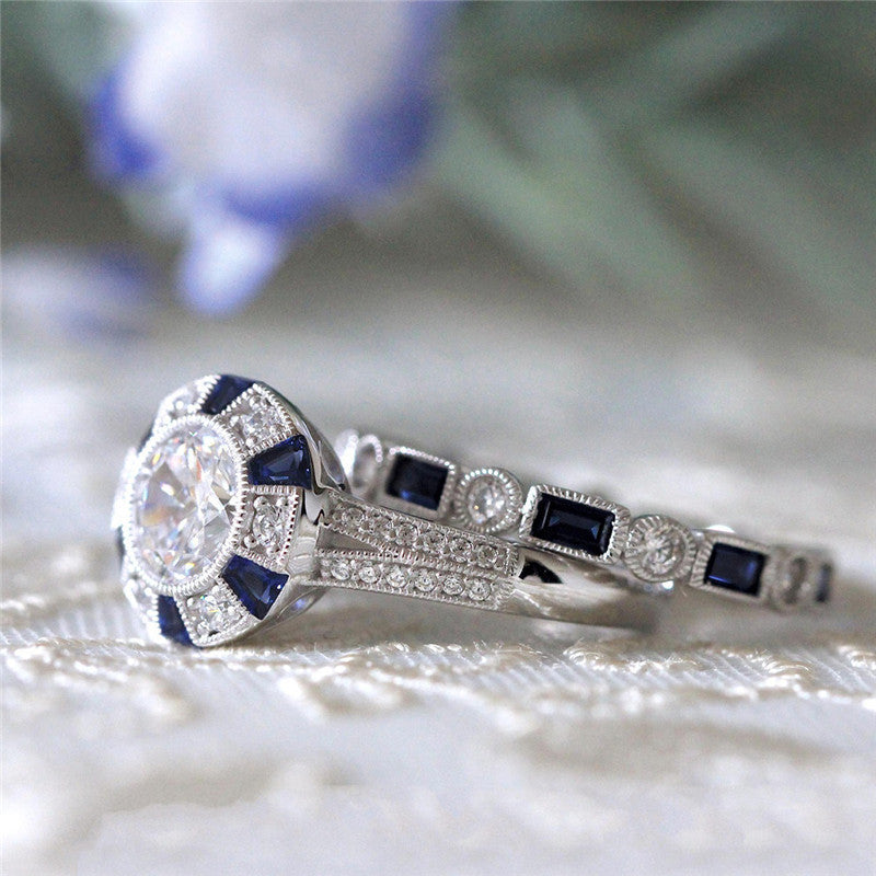 Blue Topaz Diamond Accent Ring Copper Gold Plated Geometric Lovers Promise Gift for Couples Elegant Dainty Keepsake