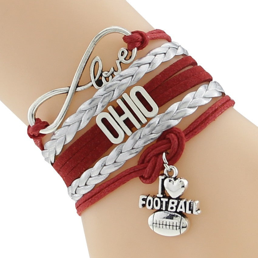 Red And Silver Ohio Bracelet With People Design Ball And Helmet Charm Jewelry Gift For Sports Fans Infinite Love