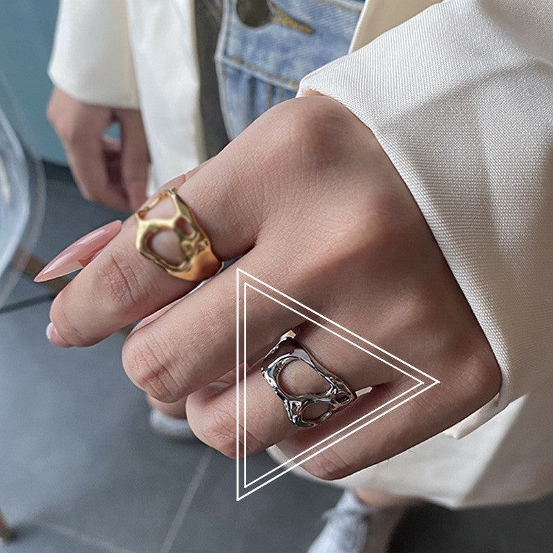 Womens Silver Plated Adjustable Open Ring Irregular Geometric Hollow Design Fashion Statement Jewelry For Everyday Wear