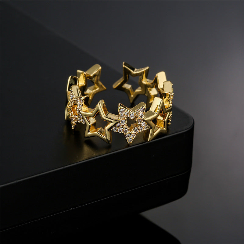 Womens Gold Electroplated Copper Ring With Micro Inlay Geometric Design Adjustable Jewelry Elegant Accessories