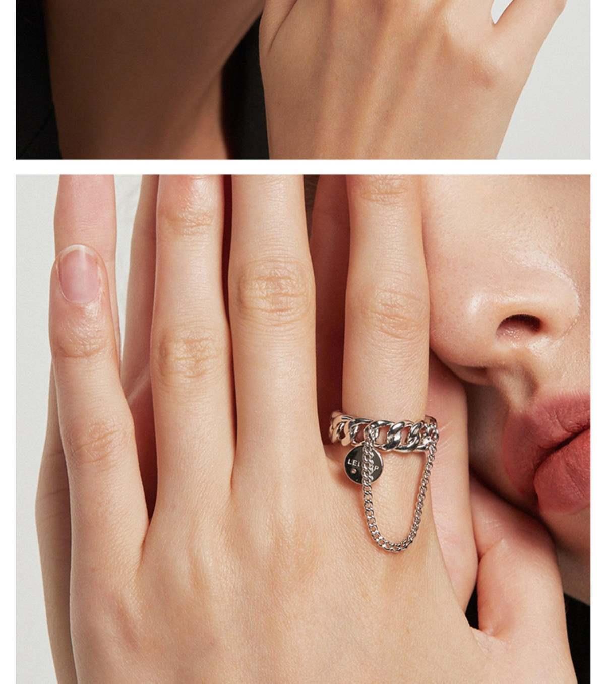 Womens Trendy Silver Ring With Natural Zircon Love Water Drop Bell Design Index Finger Chain Ring Subtle Shine Chic