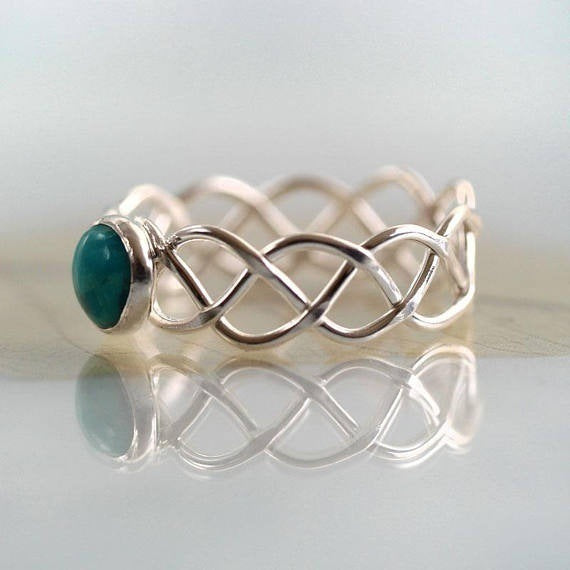 Copper Turquoise Ring With Diamond Inlay And Rope Design Twisted Band Ring With Geometric Detail 6 7 8 9 10 In Style