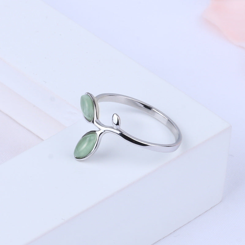 Sterling Silver Ring For Women Adjustable Open Ring S925 Gemstone Inlaid Leaf Design Bud Green Leaf Fine Craft