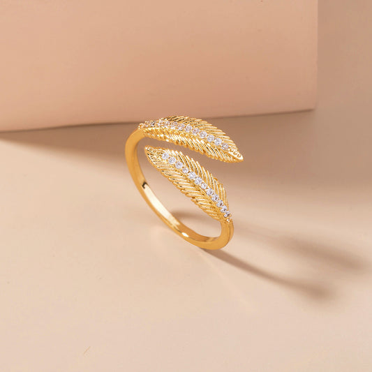 Adjustable Copper Zircon Leaf Ring With Feather Detailing