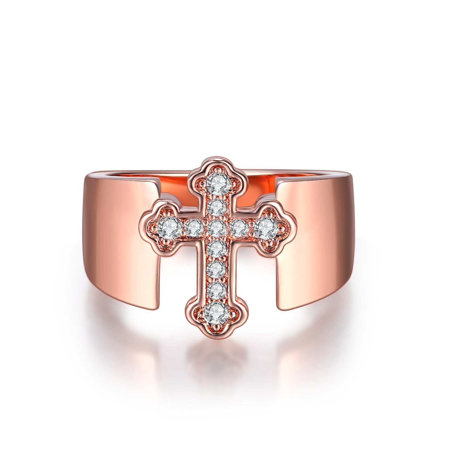 Womens Rose Gold Plated Copper Ring Inlaid Zircon Cross Design 1.5cm Wide Surface Ring For Women And Girls Now