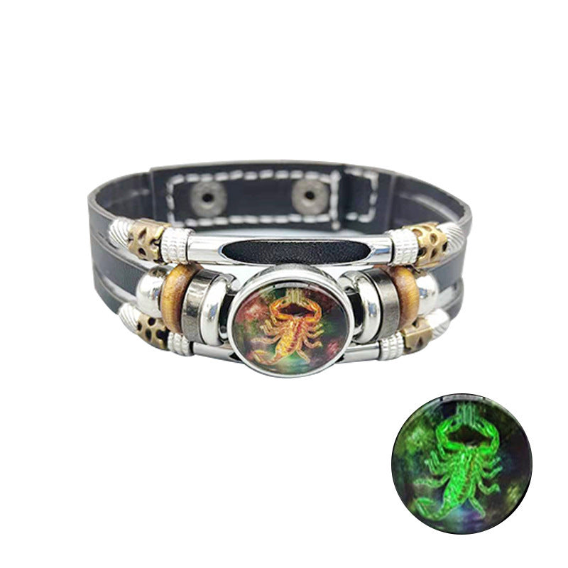Unisex Retro Leather Bracelet Constellation Luminous Zodiac Sign Alloy Inlay Vintage Jewelry Gift Perfect Gift