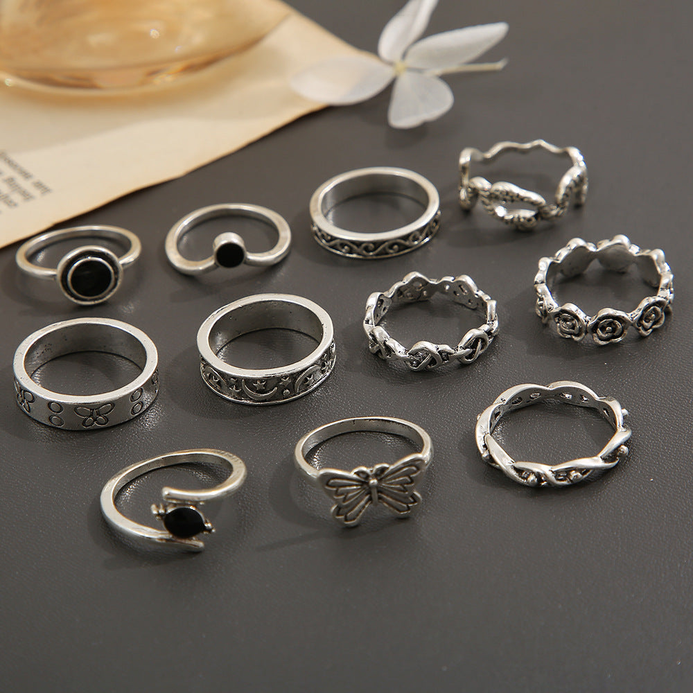 Knuckle Ring Set 11 Piece Vintage Alloy Rings With Geometric Butterfly Snake Moon Star Flower Unisex Deluxe GX