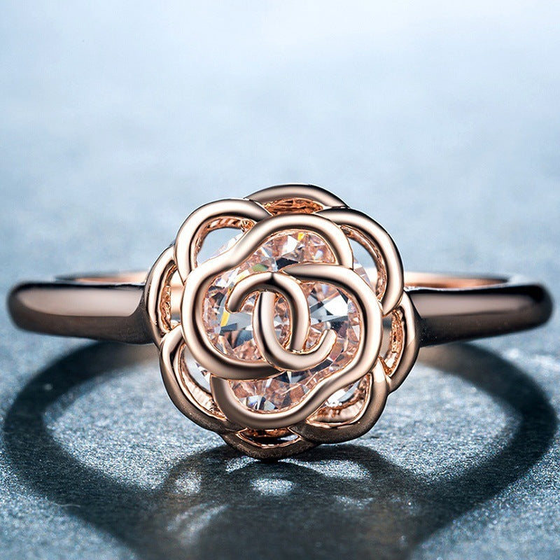 Zircon Ring White Gold Plated Openwork Rose Design Elegant Fashion Jewelry For Daily Wear Daily Wear Accessory